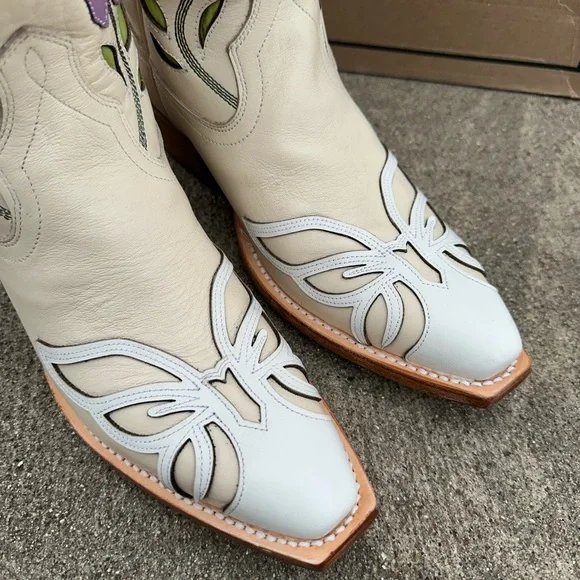 Tecovas The Sadie Meadow Bone Cowboy Boots Size 9 Floral Cream Western Bride - Picture 12 of 15